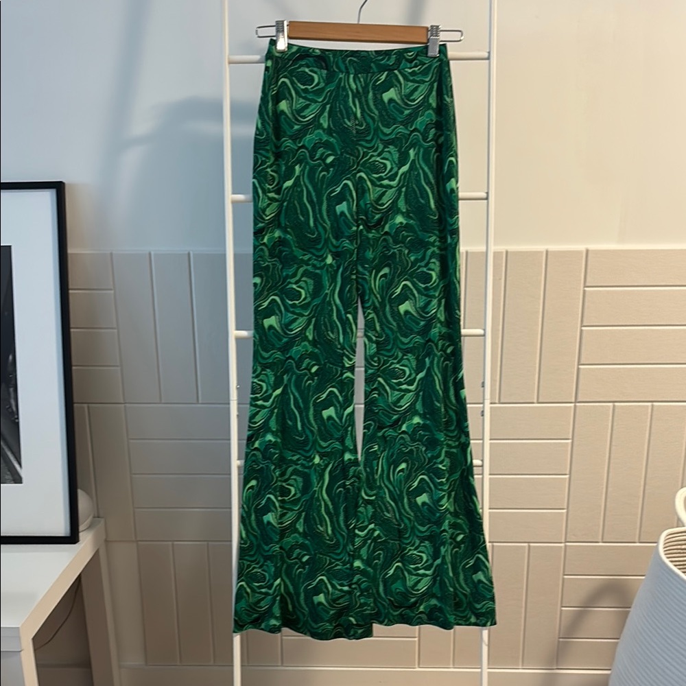DVF Green Swirl Patterned Flare Pants
